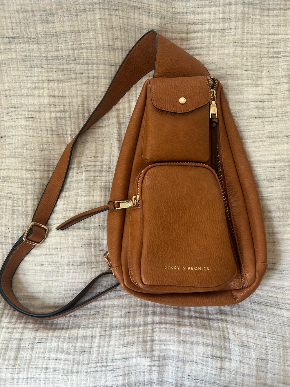 Poppy & Peonies Cognac Leather Crossbody Sling Bag